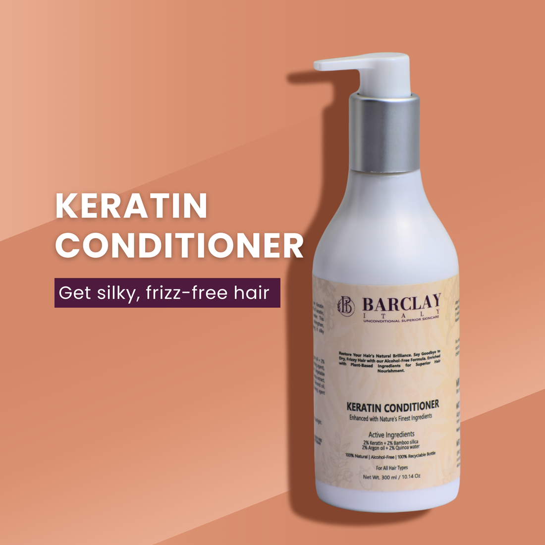 Keratin Conditioner: 2% Keratin, Argan Oil, Quinoa Water, Bamboo Silica, 100% Natural Ingredients, Sulfate-Free and Alcohol-Free, Repair Damage Hair.