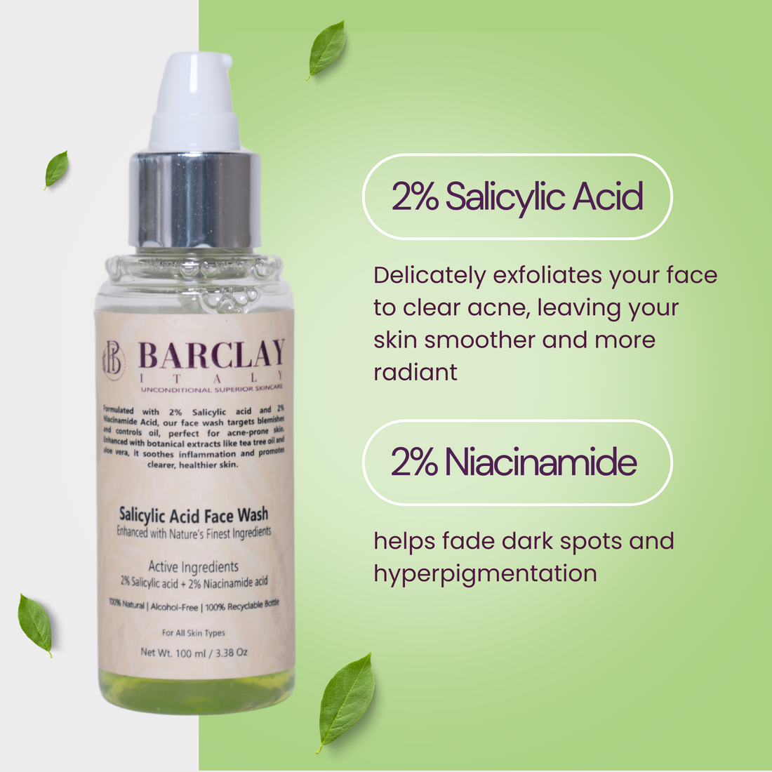 Salicylic Acid Face Wash: 2% Salicylic Acid and 2% Niacinamide – 100% Natural, Alcohol-Free, Sulfate-Free, Vegan, and Herbal & plant-based fragnance.