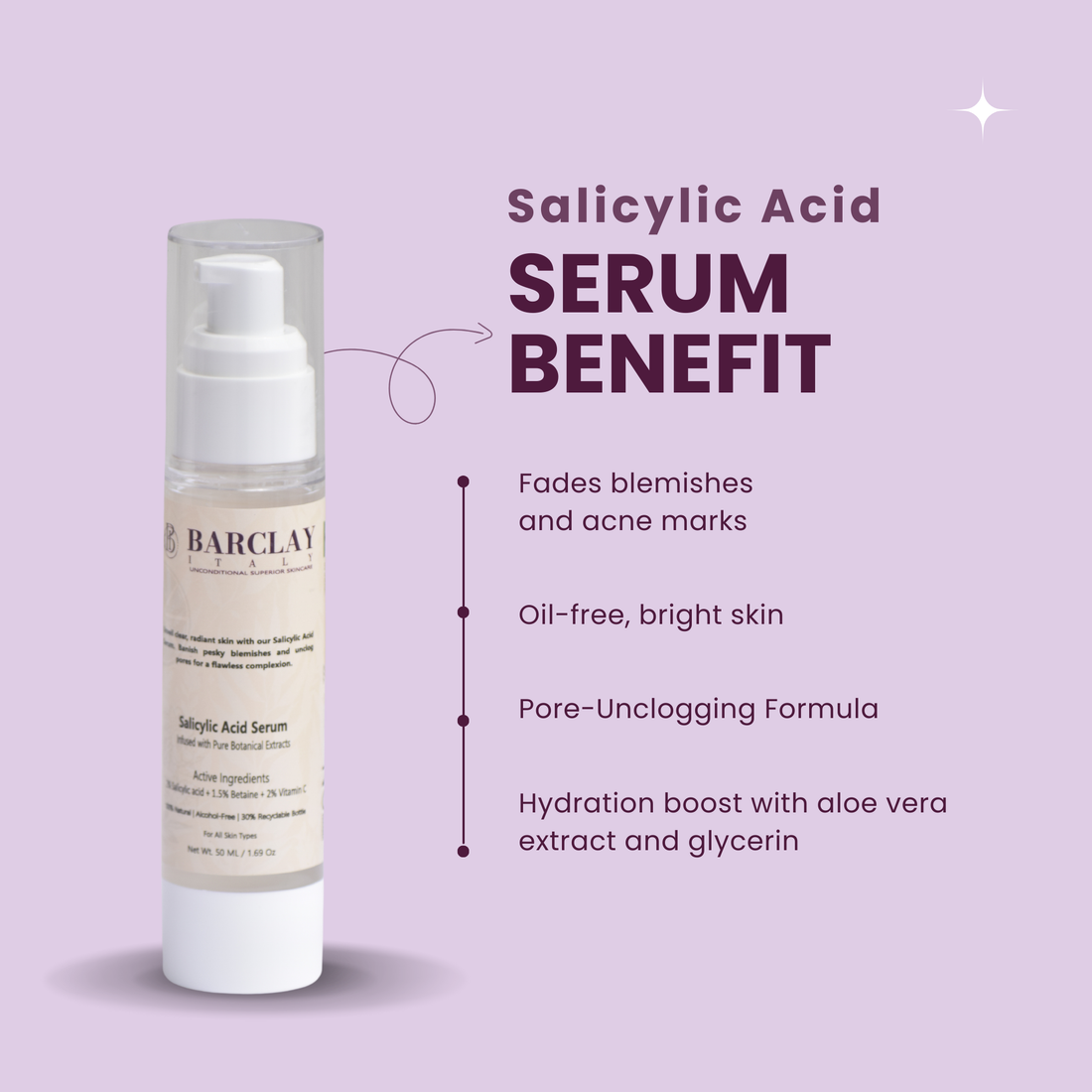 Salicylic Acid Face Serum: 2% Salicylic Acid,1.5% Betaine, 2% Vitamin C, 100% natural ingredients, alcohol-free, all skin types, Perfect for acne.