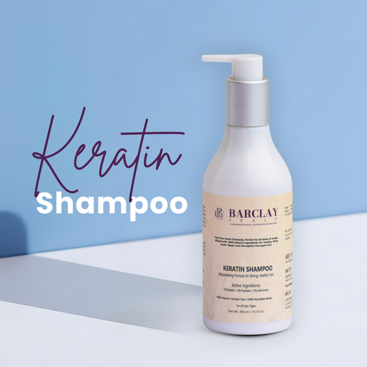 Keratin Shampoo: 2% Keratin,1% Peptides, 1% Adenosine, 100% Natural, Alcohol-Free Formula, promotes hair growth, adds bounce, and prevents breakage.