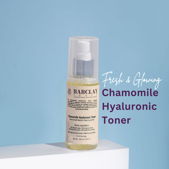 Chamomile Hyaluronic Toner: 6% Glycolic Acid, 2% Chamomile Oil, 2% Hyaluronic Acid, and 2% Ceramide Complex – 100% Natural, Plant-Based fragrance .