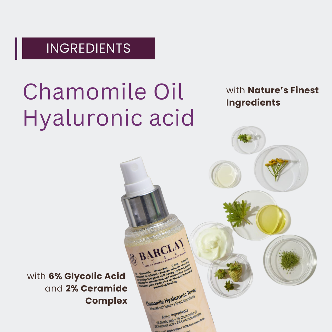 Chamomile Hyaluronic Toner: 6% Glycolic Acid, 2% Chamomile Oil, 2% Hyaluronic Acid, and 2% Ceramide Complex – 100% Natural, Plant-Based fragrance .